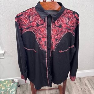 Black Dress Shirt with Red Floral Yoke
